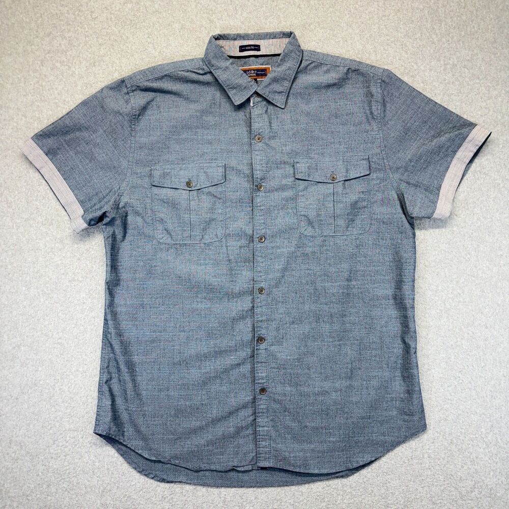 PD&C Stretch Slim Fit Button Up Shirt Men’s XL Blue Short Sleeve Dual Pocket
